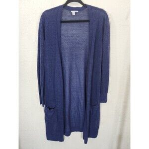 Halogen Women M Blue Linen Blend Long Open Front Cardigan Lightweight Duster